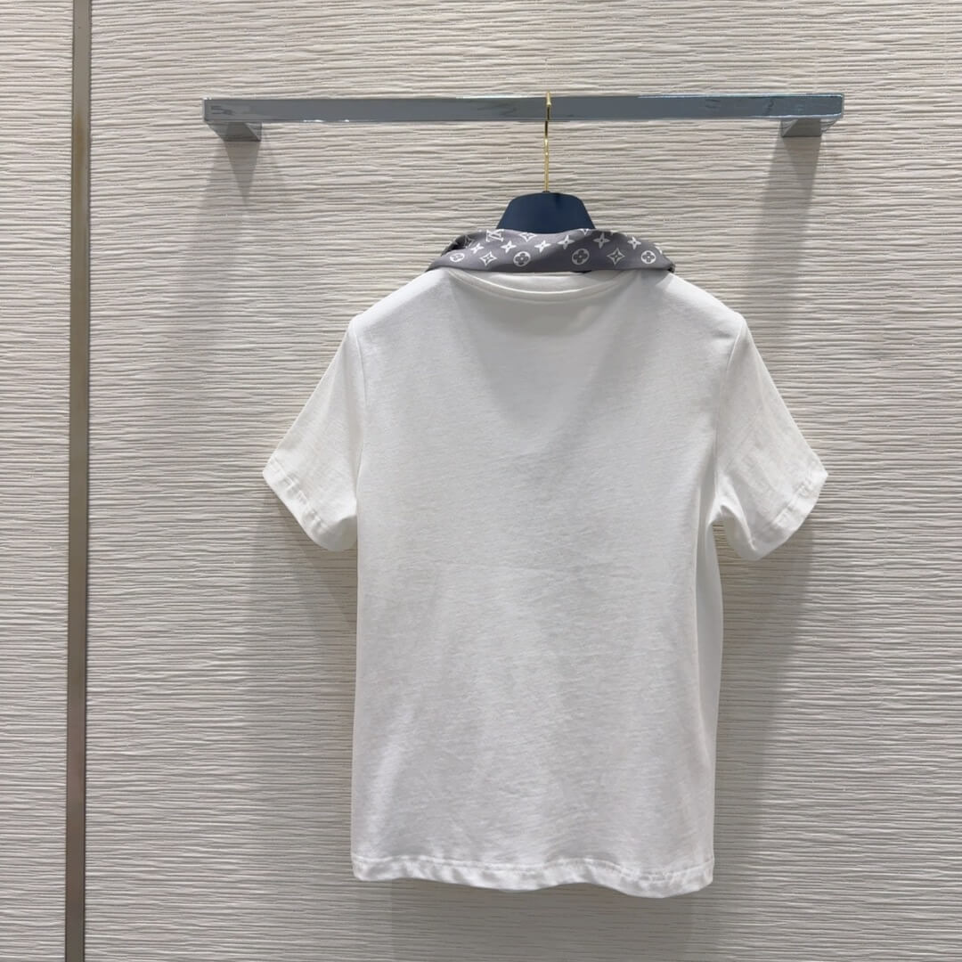 Louis Vuitton Monogram Scarf T-Shirt – White with Grey Silk Scarf - Image 5