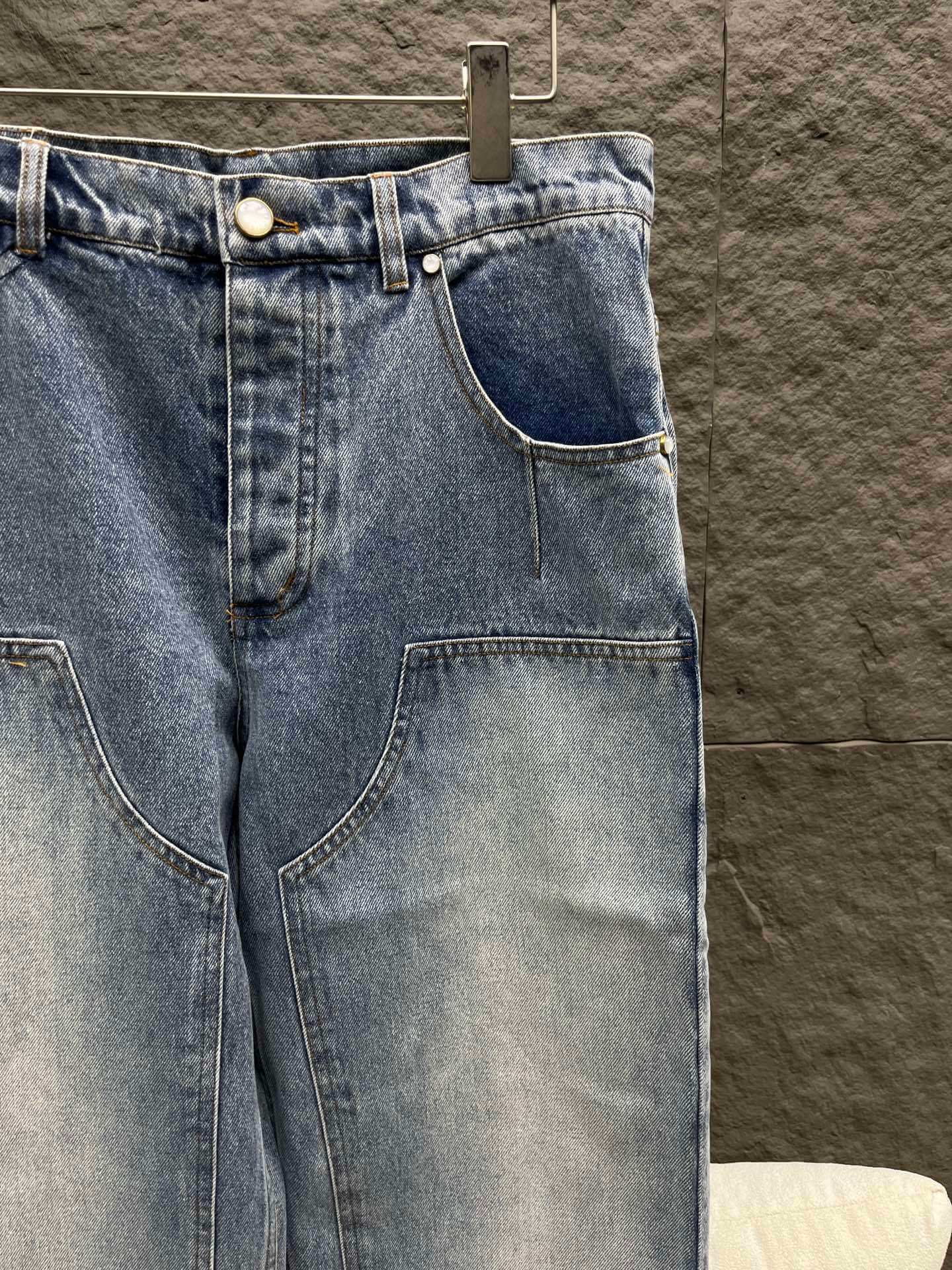 Louis Vuitton–Style Patch Pocket Washed Denim Jeans – Blue - Image 6