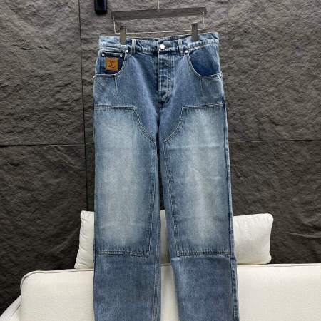 Louis Vuitton–Style Patch Pocket Washed Denim Jeans – Blue