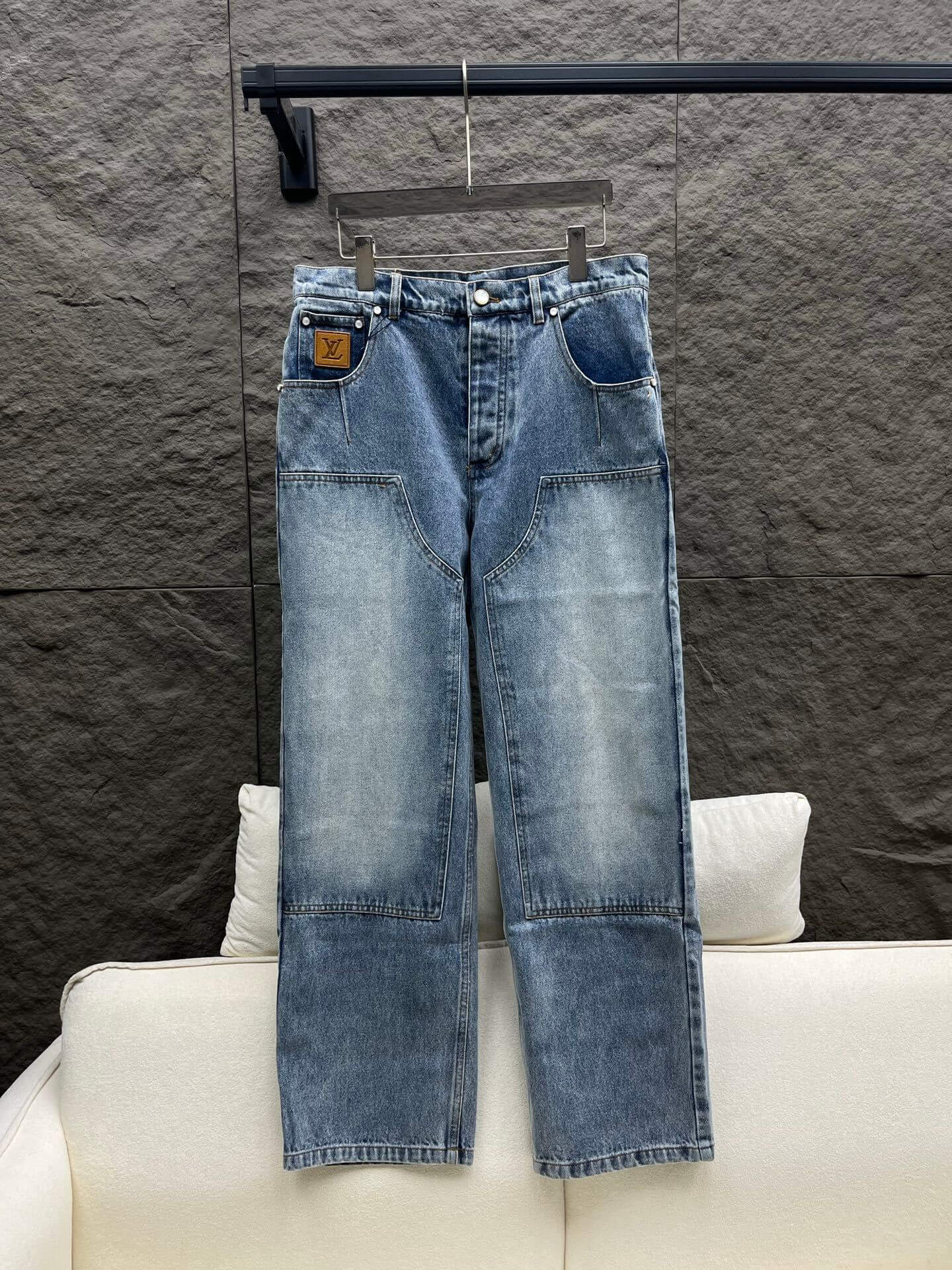 Louis Vuitton–Style Patch Pocket Washed Denim Jeans – Blue