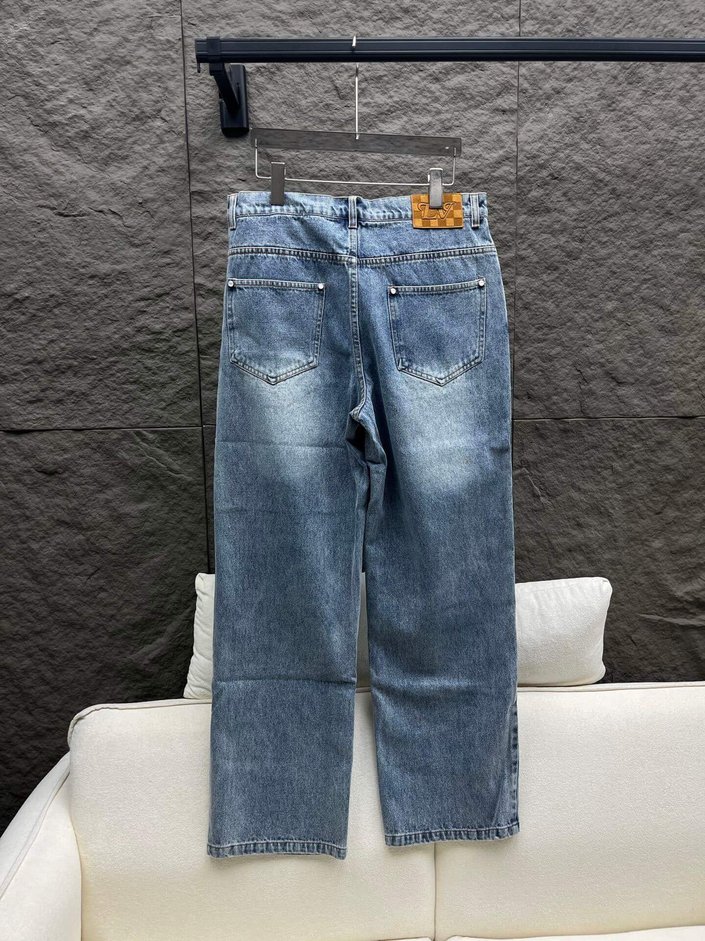 Louis Vuitton–Style Patch Pocket Washed Denim Jeans – Blue - Image 8