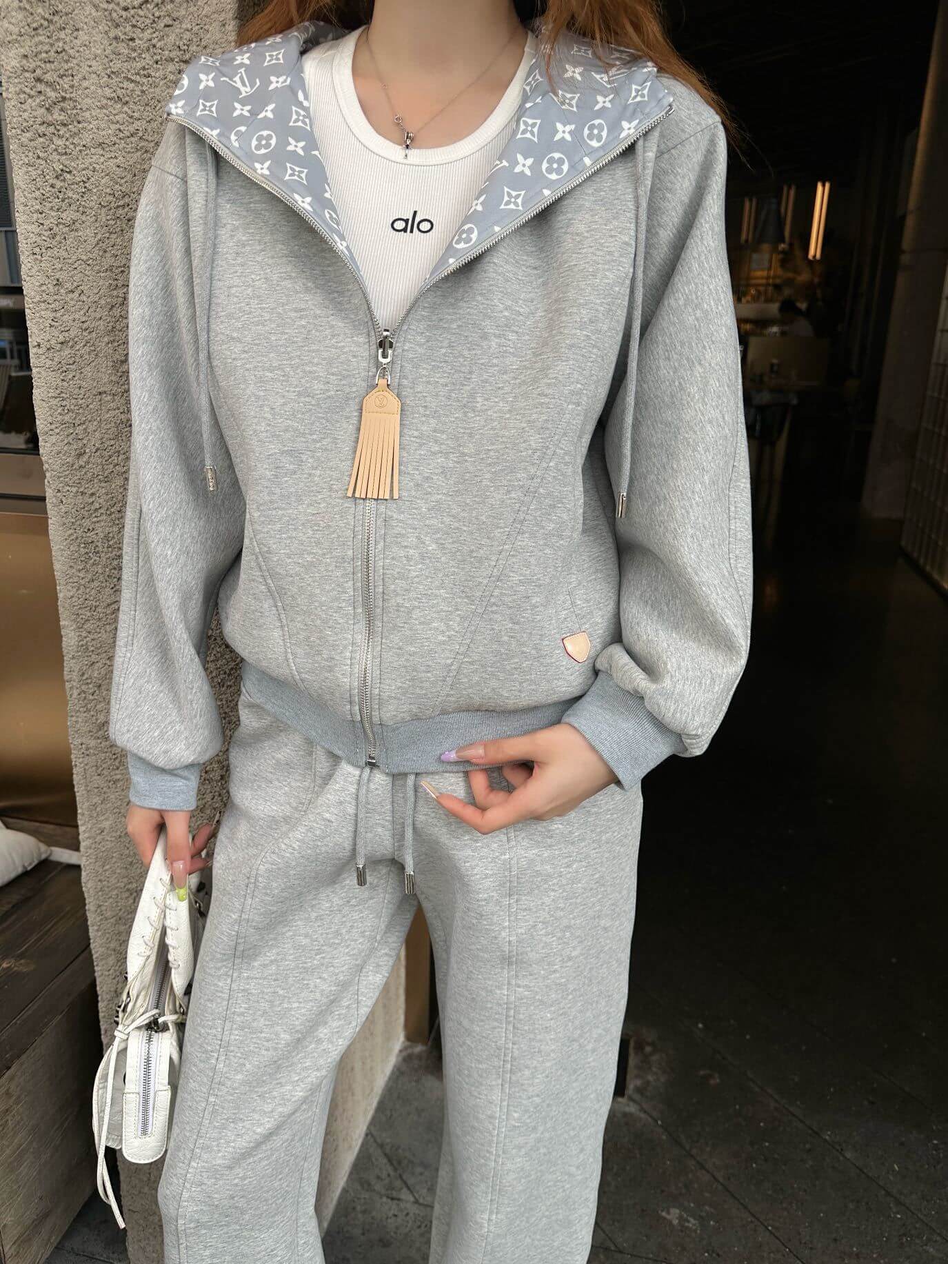 Louis Vuitton–Style Zip-Up Hoodie Tracksuit Set with Wide-Leg Pants – Gray & Black - Image 11