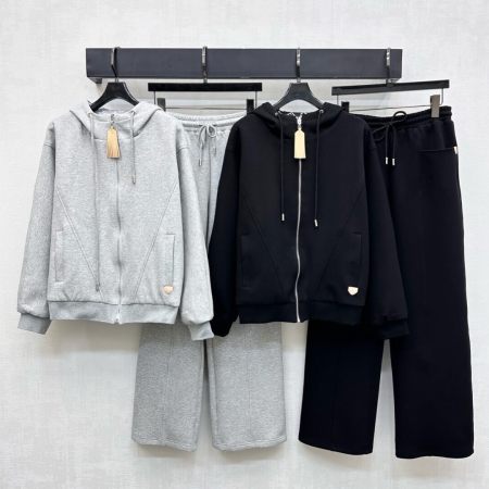 Louis Vuitton–Style Zip-Up Hoodie Tracksuit Set with Wide-Leg Pants – Gray & Black