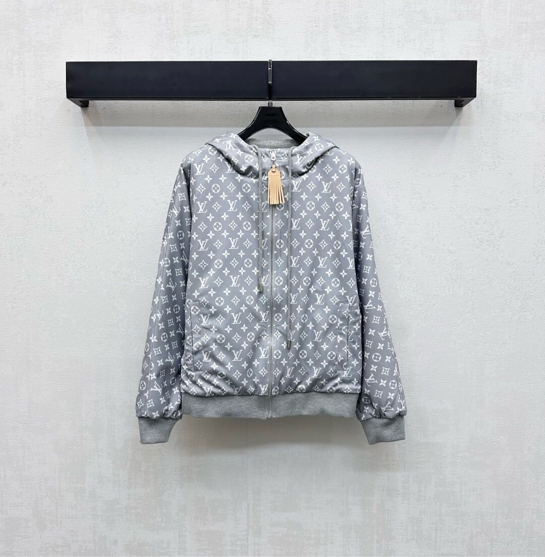Louis Vuitton–Style Zip-Up Hoodie Tracksuit Set with Wide-Leg Pants – Gray & Black - Image 6