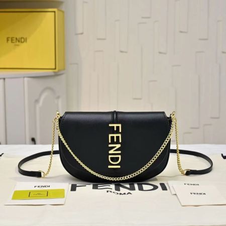Fendi–Style Black Leather Half-Moon Shoulder Bag with Gold Chain & Vertical Logo – Black