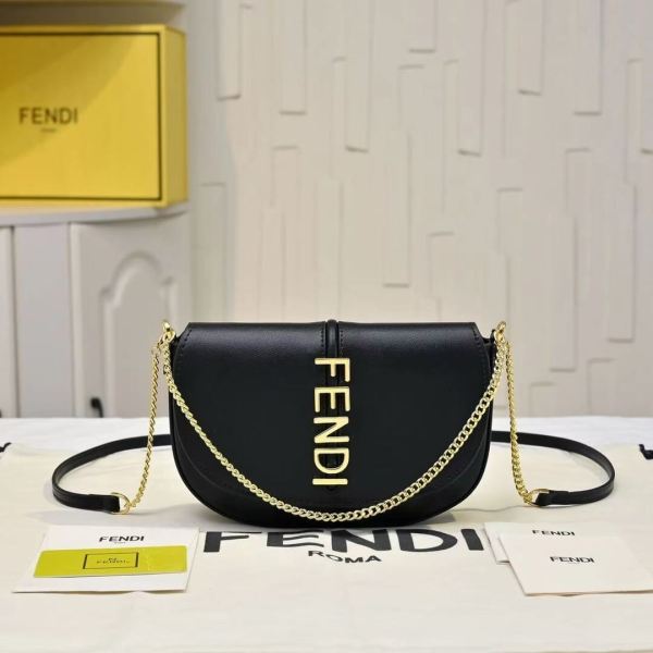 Fendi–Style Black Leather Half-Moon Shoulder Bag with Gold Chain & Vertical Logo – Black