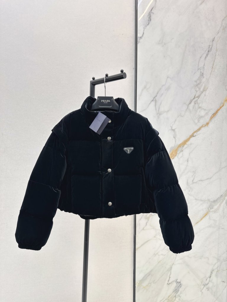 Prada Black Velvet Cropped Puffer Jacket