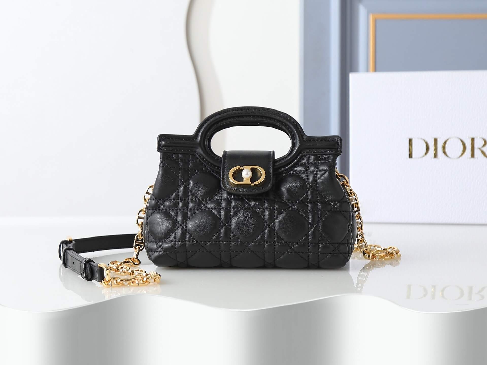 Dior Jolie Top Handle Mini Bag in Black Cannage Leather