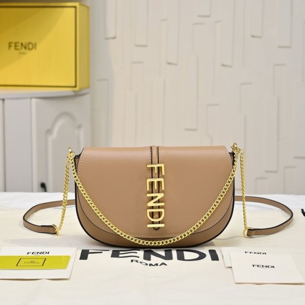 Fendi–Style Tan Leather Half-Moon Shoulder Bag with Gold Chain & Vertical Logo – Tan