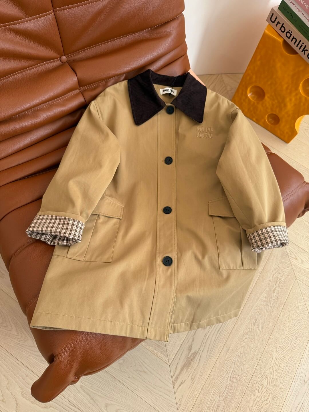 Miu Miu Tan Trench Coat with Contrast Collar & Plaid Cuff Lining