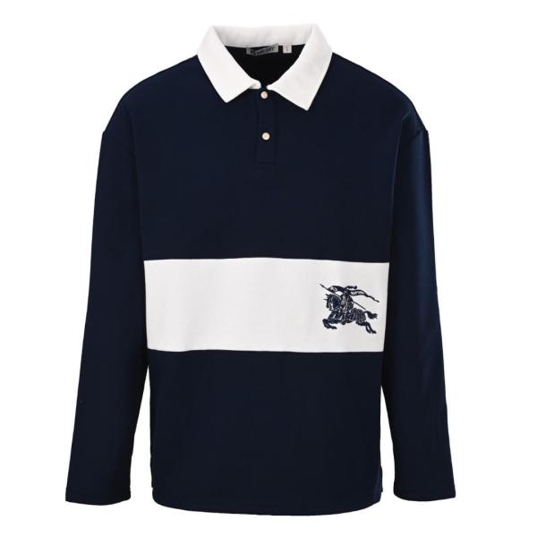 Burberry–Style Long-Sleeve Rugby Shirt with Equestrian Knight Embroidery – Navy & White