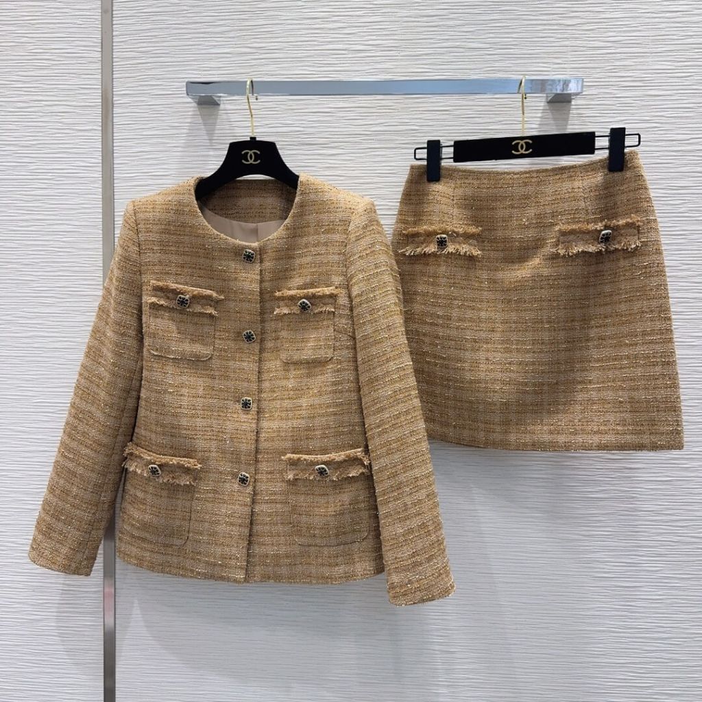Chanel Beige Tweed Jacket and Skirt Set