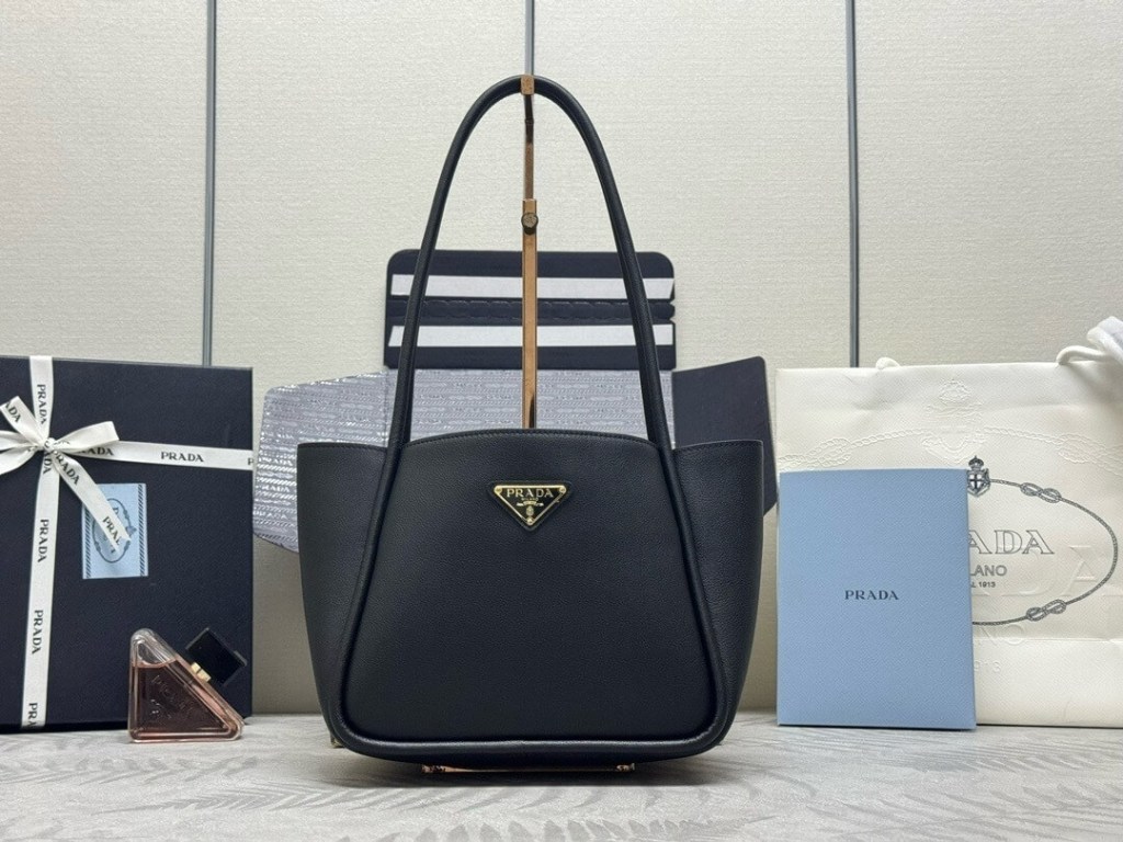 Prada Soft Grain Leather Medium Tote Bag – Black