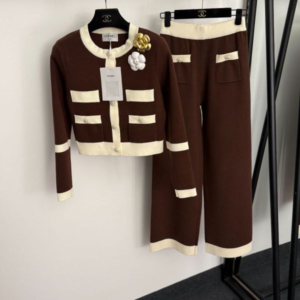Chanel Wool & Cashmere Cardigan and Pant Set – Brown/White