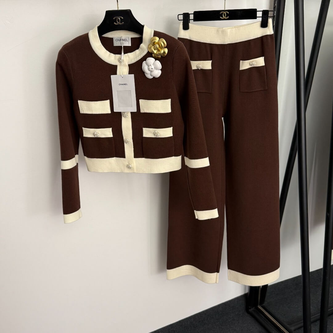 Chanel Wool & Cashmere Cardigan and Pant Set – Brown/White