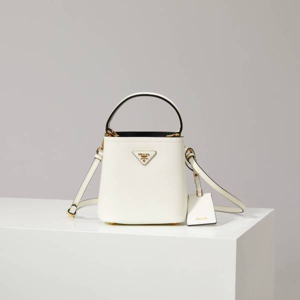 Prada Panier Small Saffiano Leather Bucket Bag – White