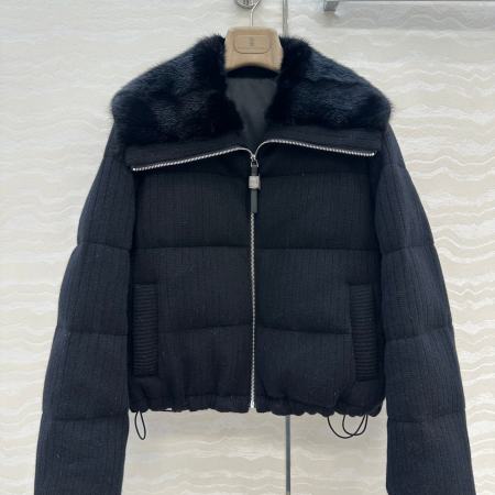 Brunello Cucinelli Mink Fur Collar Goose Down Coat- Black