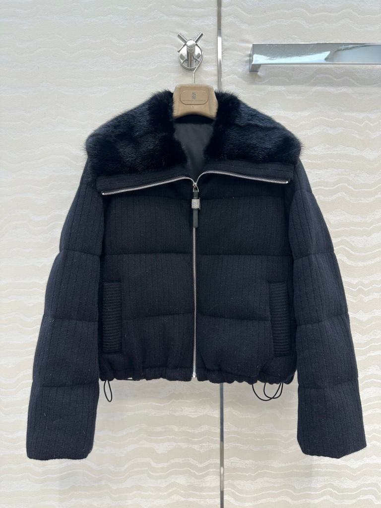 Brunello Cucinelli Mink Fur Collar Goose Down Coat- Black