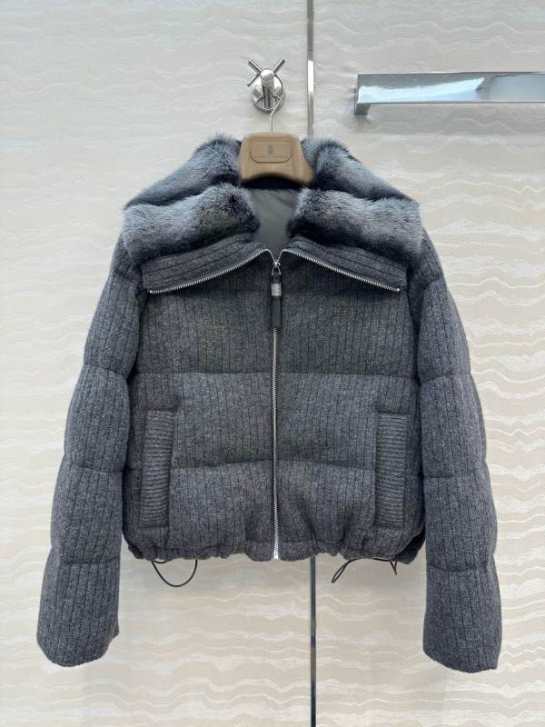 Brunello Cucinelli Mink Fur Collar Goose Down Coat- Grey
