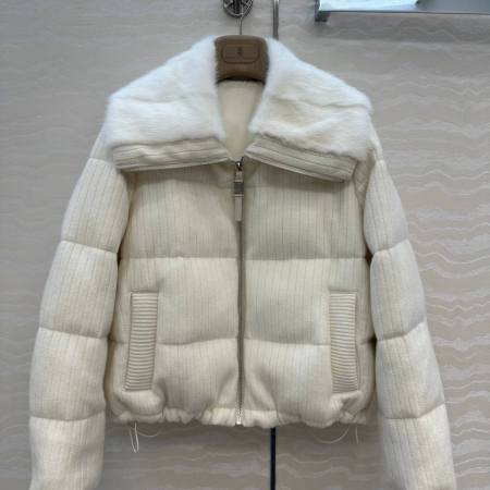 Brunello Cucinelli Mink Fur Collar Goose Down Coat- Off-White