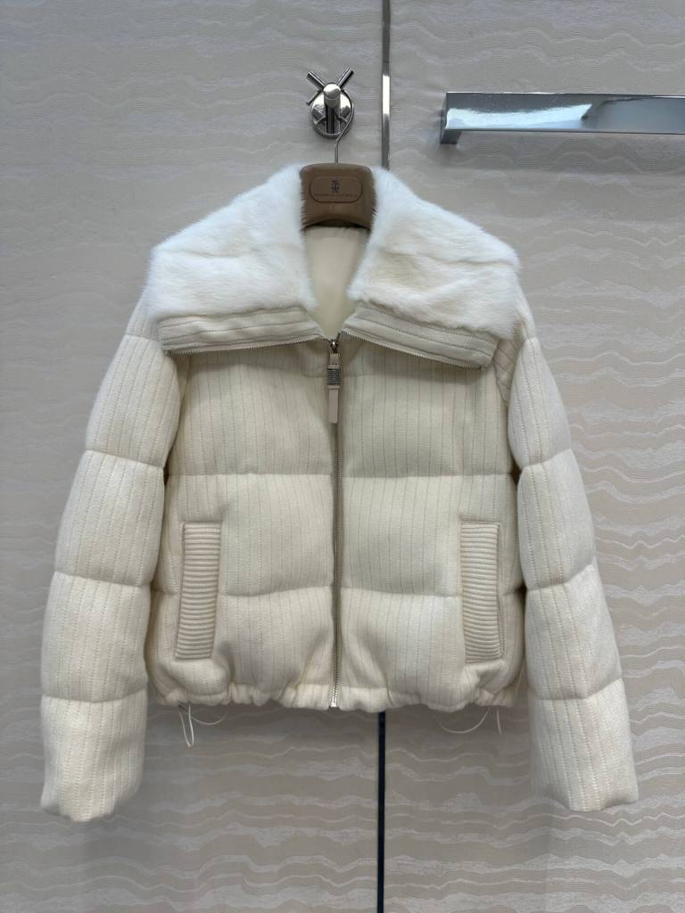 Brunello Cucinelli Mink Fur Collar Goose Down Coat- Off-White
