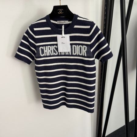 Christian Dior Striped Short-Sleeve Sweater