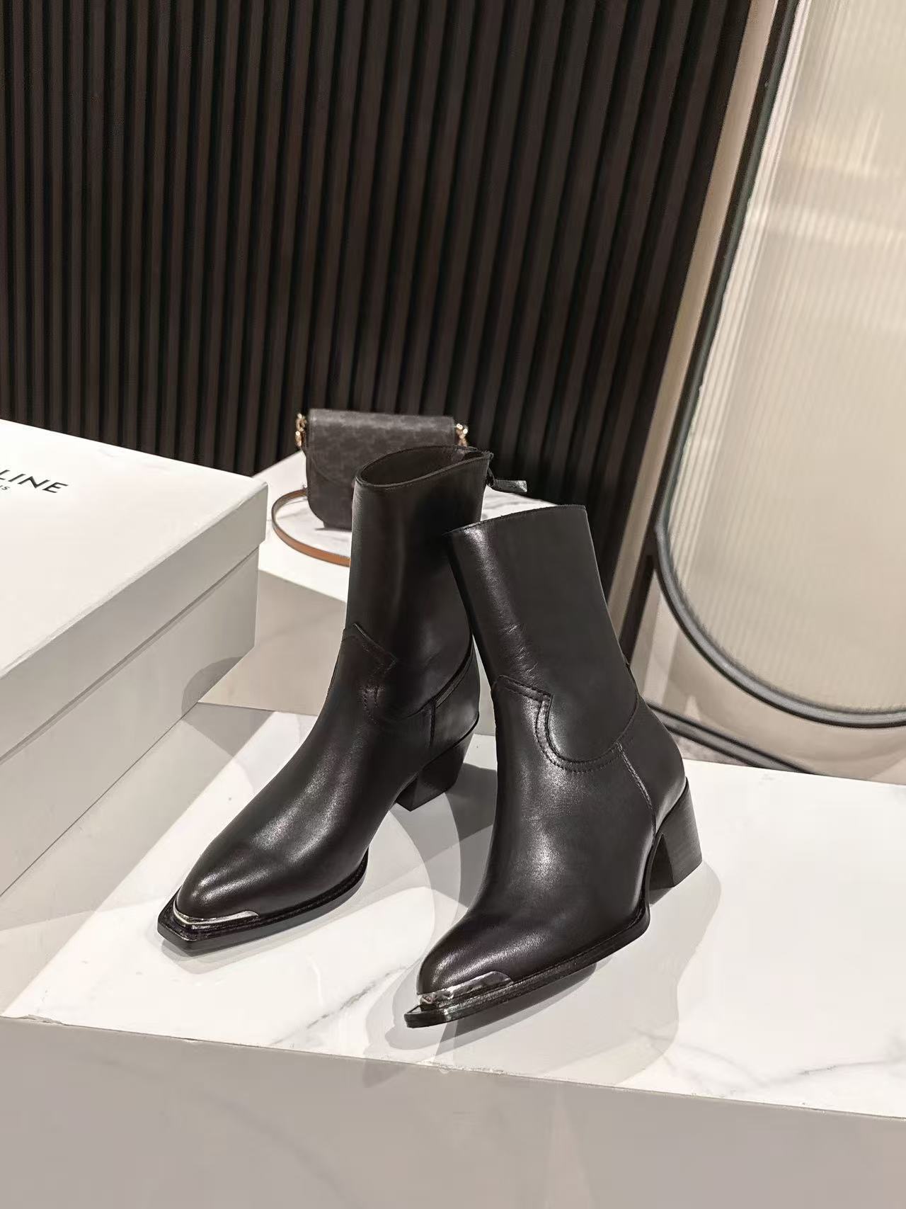 Celine Black Leather Western Ankle Boots - Image 7