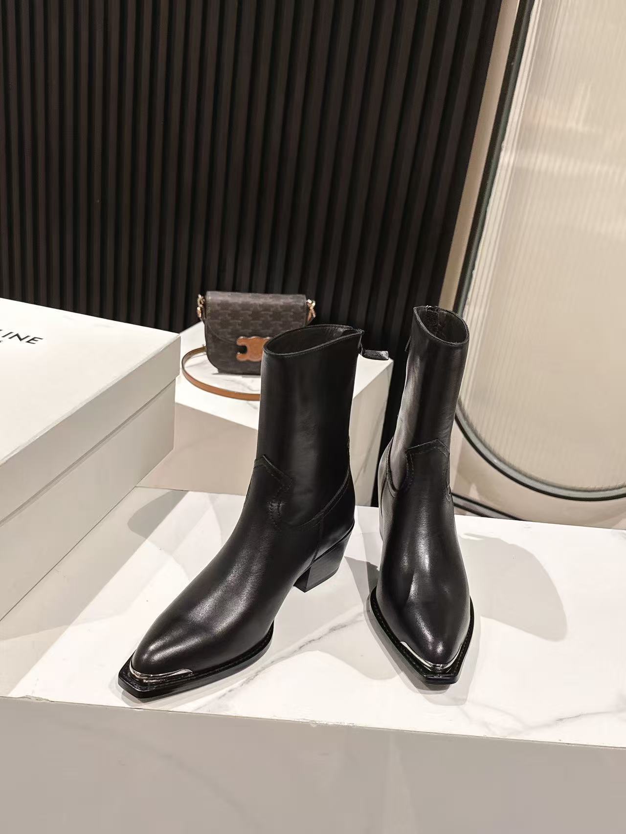 Celine Black Leather Western Ankle Boots - Image 8
