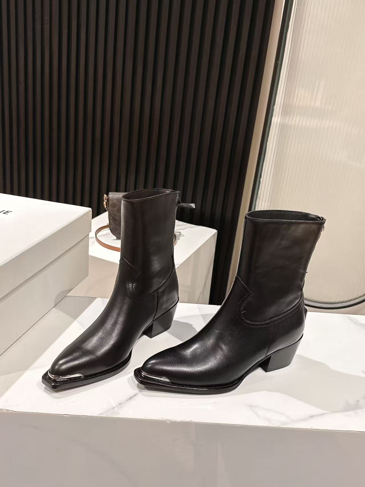 Celine Black Leather Western Ankle Boots
