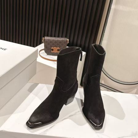 Celine Black Suede Western-Inspired Mid-Calf Boots