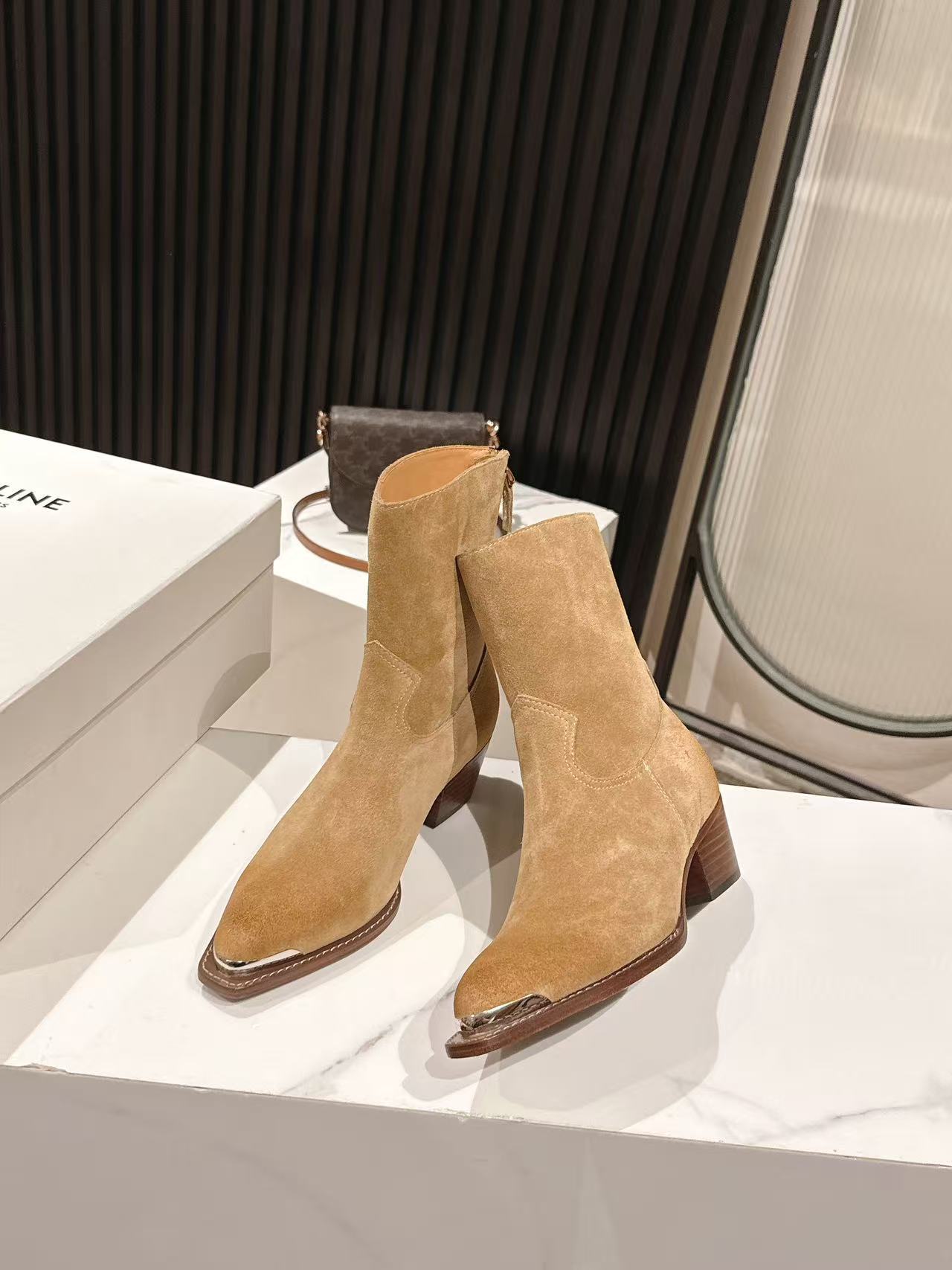 Celine Light Tan Suede Western Ankle Boots - Image 7