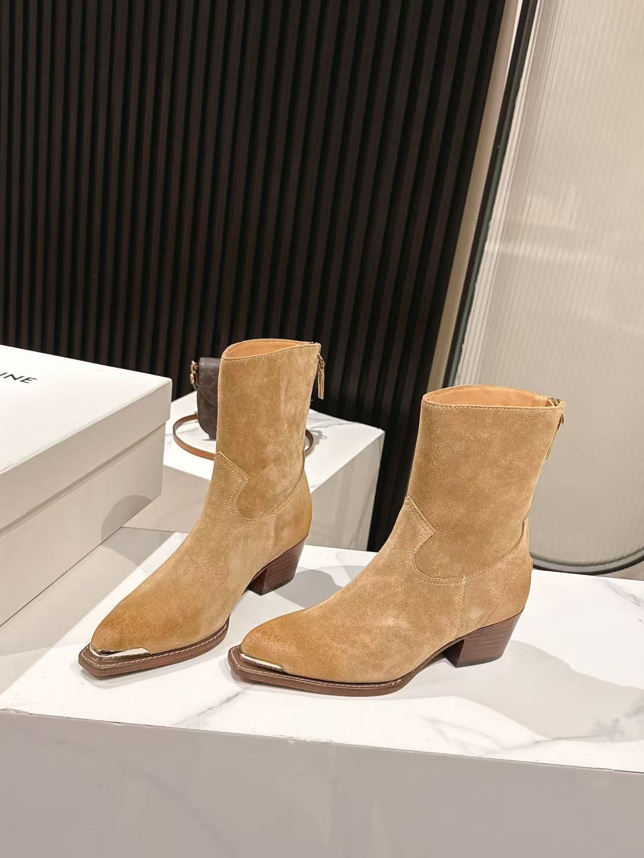 Celine Light Tan Suede Western Ankle Boots - Image 9