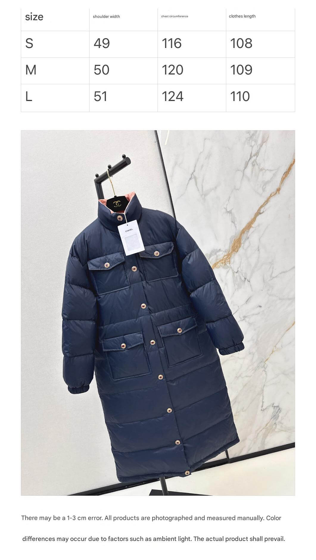 Chanel Long Puffer Women's Down Jacket- Navy Blue - Image 12
