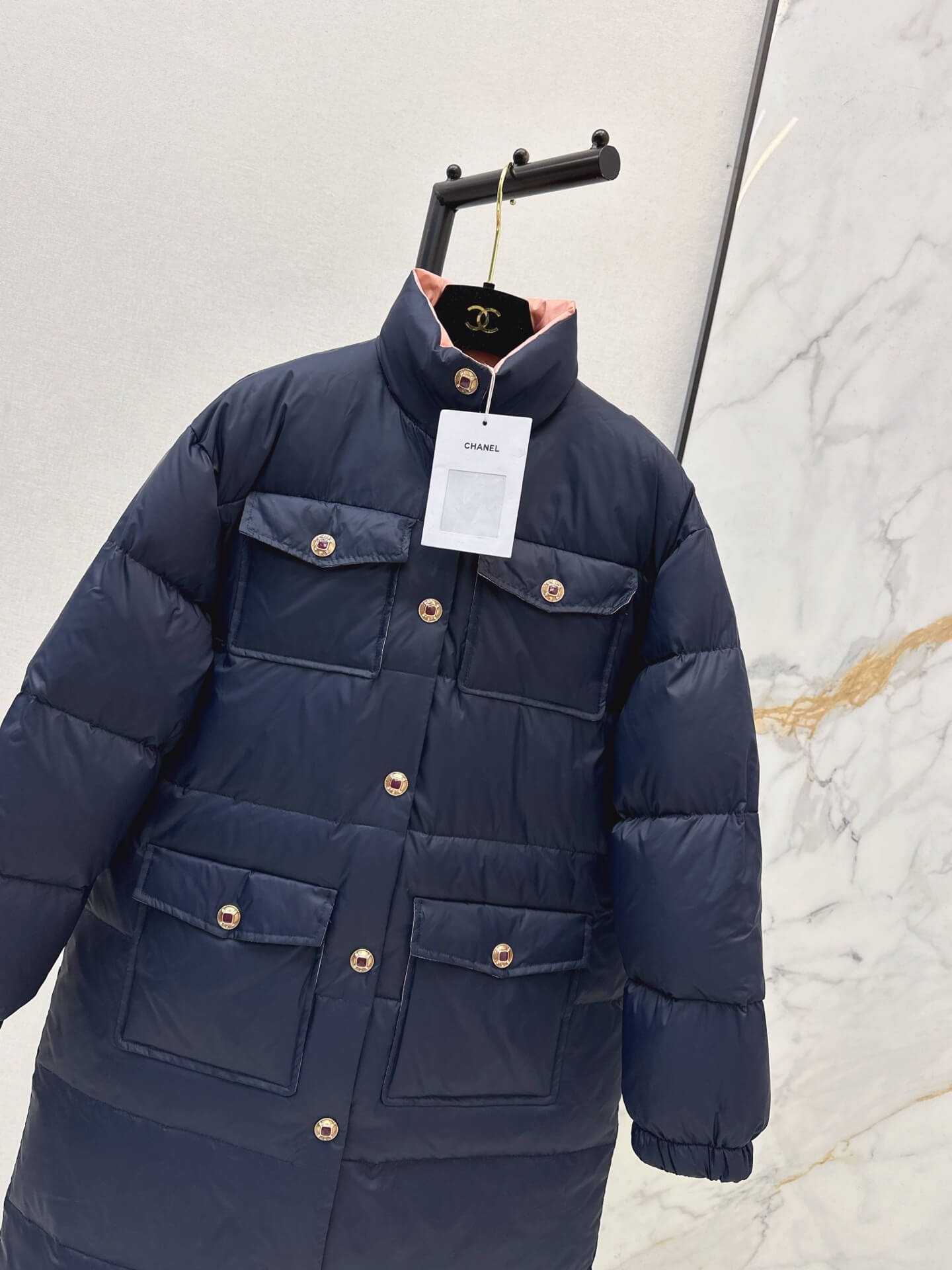 Chanel Long Puffer Women's Down Jacket- Navy Blue - Image 3