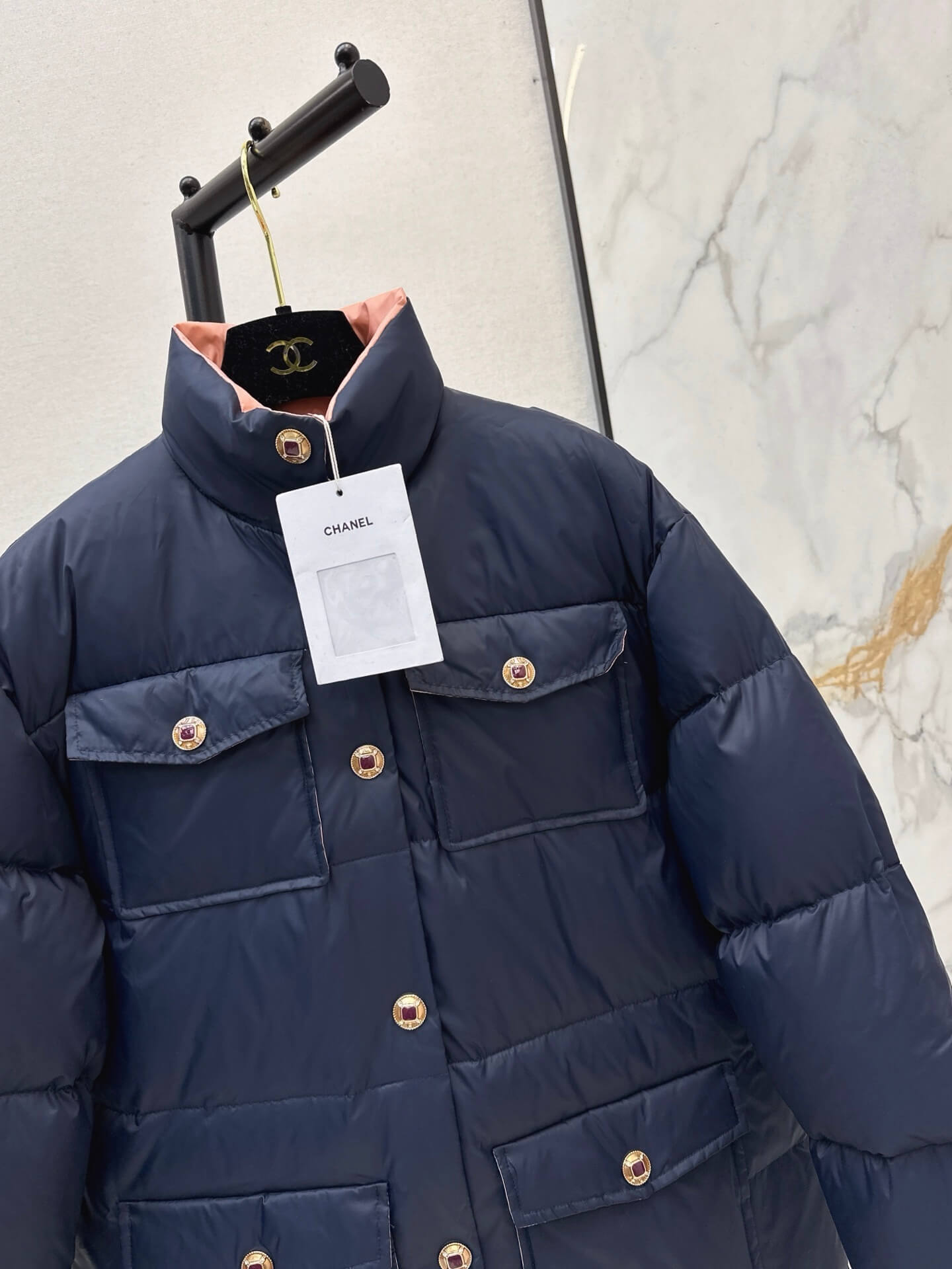 Chanel Long Puffer Women's Down Jacket- Navy Blue - Image 5