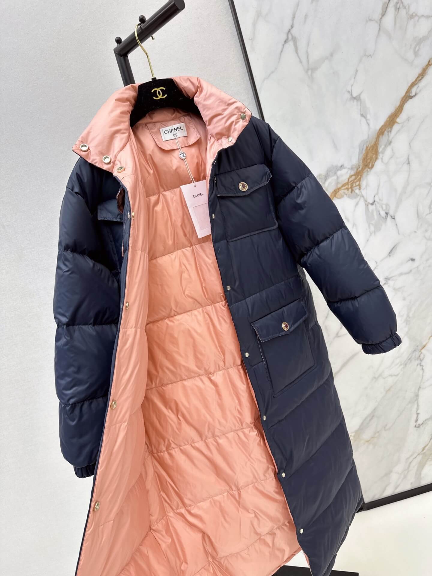 Chanel Long Puffer Women's Down Jacket- Navy Blue - Image 8