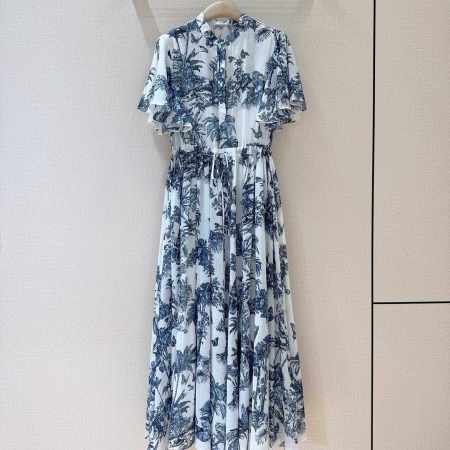 Dior White & Blue Toile de Jouy Palm Tree Pleated Midi Dress