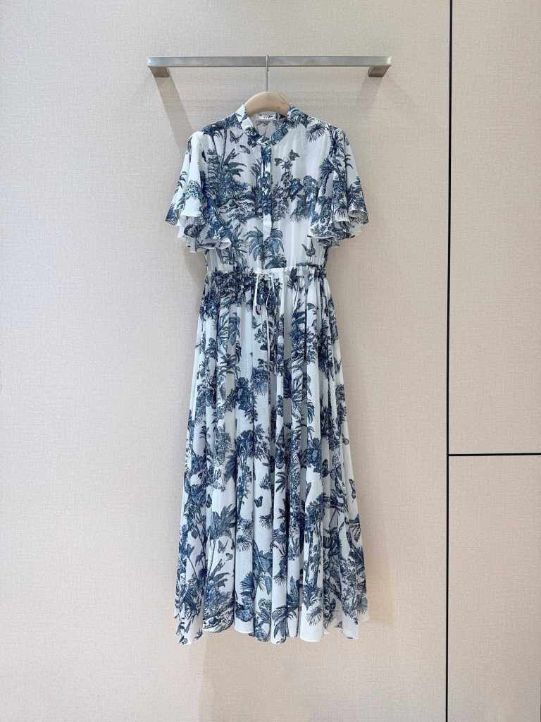 Dior White & Blue Toile de Jouy Palm Tree Pleated Midi Dress