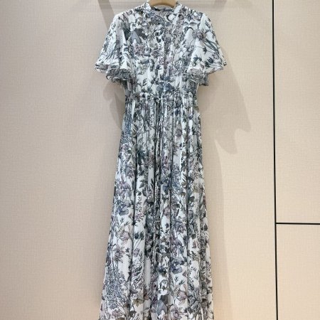 Dior Floral Print Pleated Midi Dress with Flutter Sleeves – White/Grey