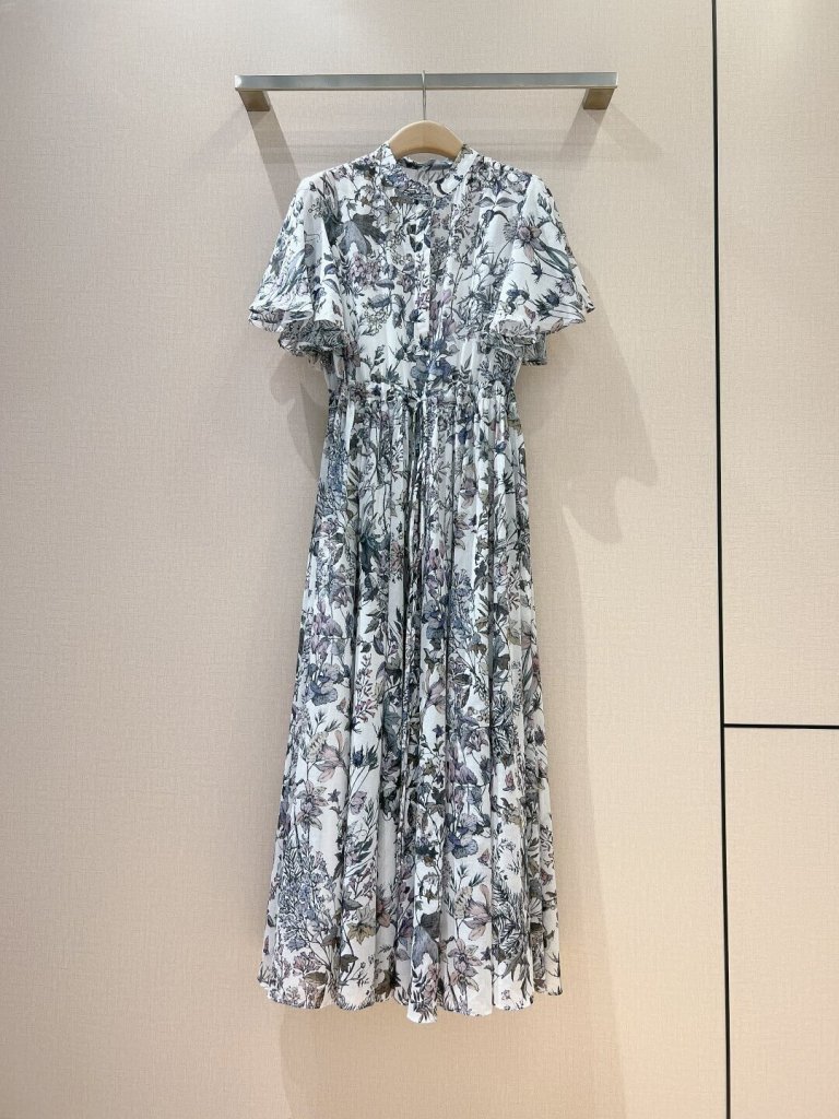 Dior Floral Print Pleated Midi Dress with Flutter Sleeves – White/Grey