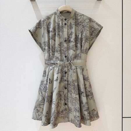Dior Grey Toile de Jouy Palms Short-Sleeved Dress