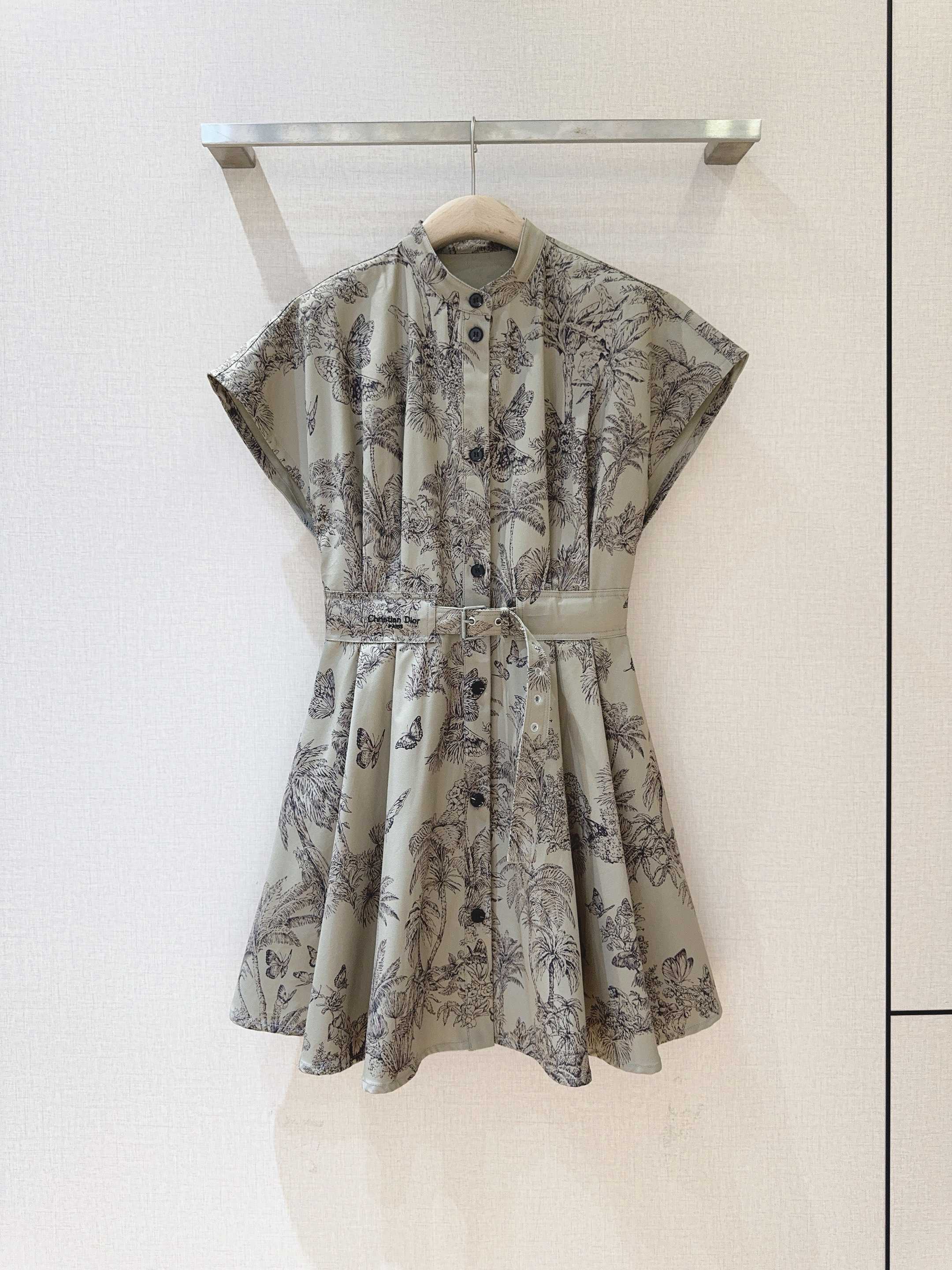Dior Grey Toile de Jouy Palms Short-Sleeved Dress