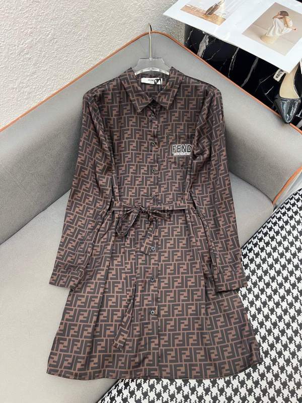 Fendi Brown FF Logo Long-Sleeve Shirt Dress