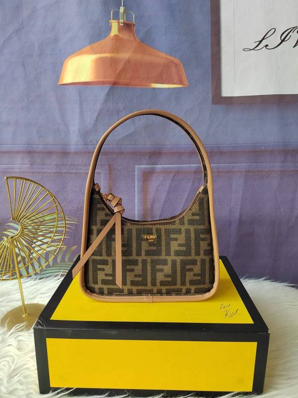 Fendi–Style Croissant Bag with Zucca Monogram & Leather Trim – Brown