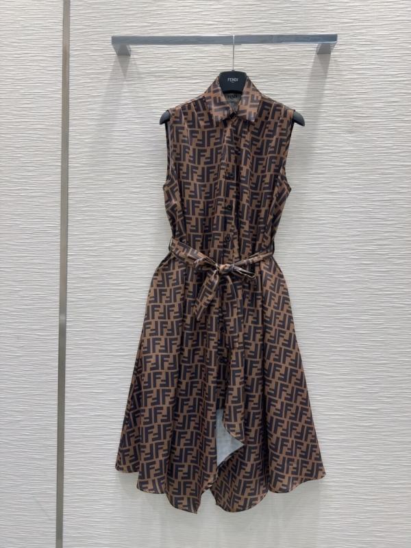 Fendi Brown FF Logo Sleeveless Belted Dress