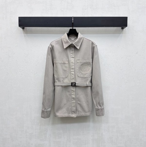 Fendi Beige Belted Overshirt with Embossed Logo — HolloL.adies