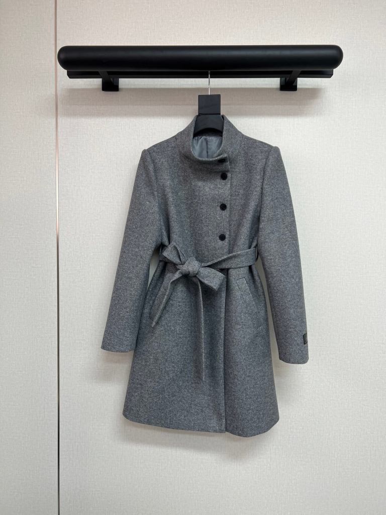 Dior Stand Collar Belted Wool Coat grey