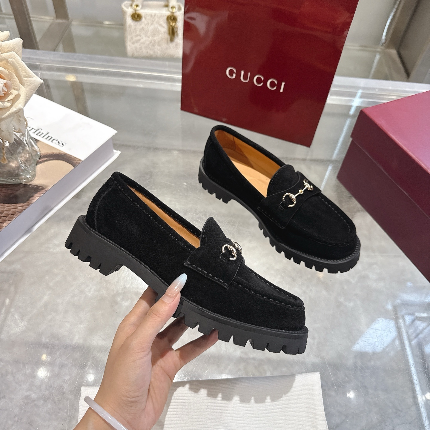 Gucci Black Suede Horsebit Sole-Lug Loafers - Image 5