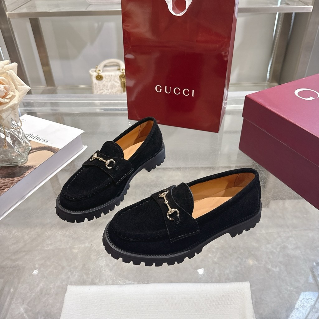 Gucci Black Suede Horsebit Sole-Lug Loafers