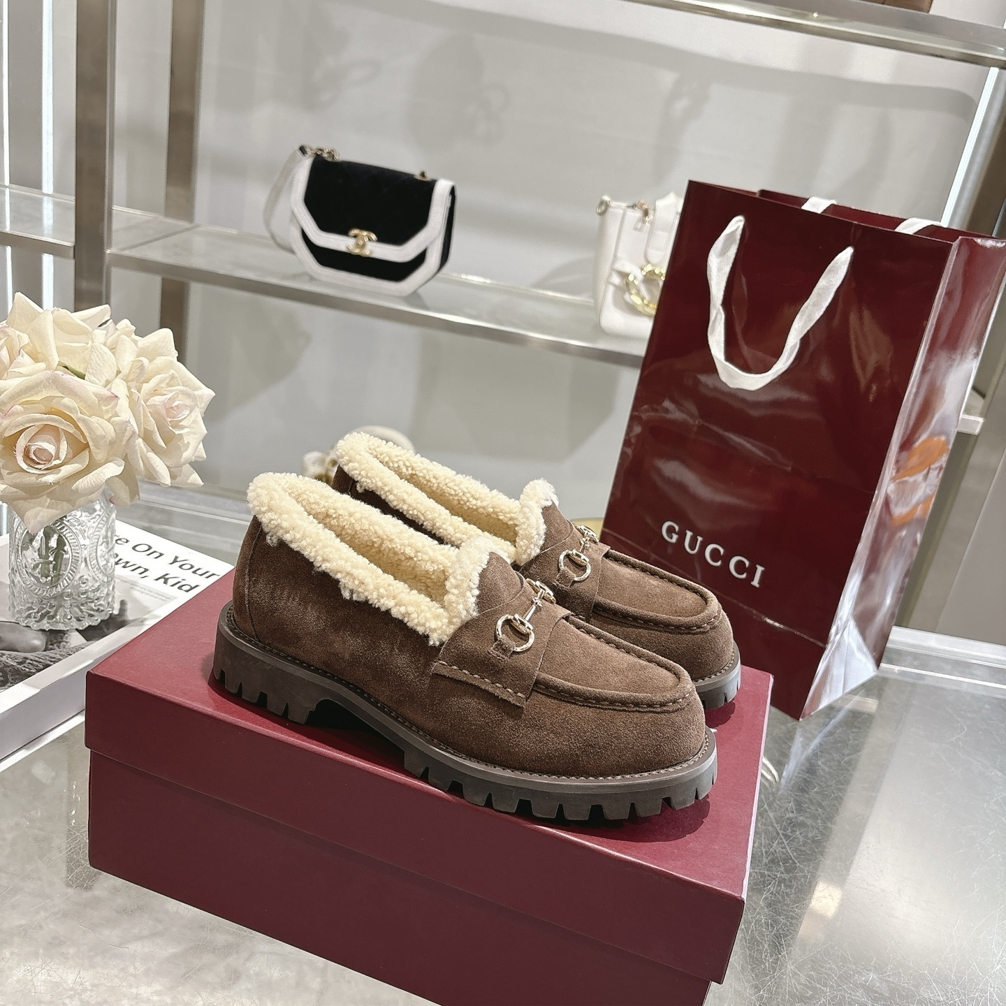 Gucci Brown Shearling Horsebit Lug Loafers - Image 9